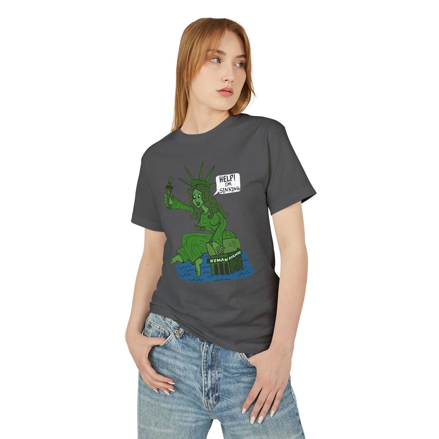 Statue of Liberty Sinking T-Shirt — "Help! Tee with Earth Back Graphic