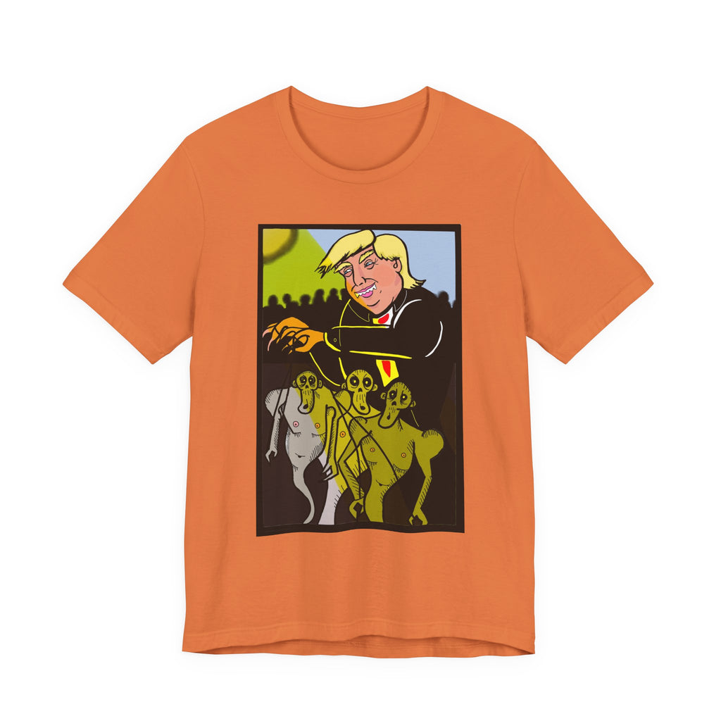 Political Satire T‑Shirt — 'Wisdom Brings' Back Print with Puppetmaster Design