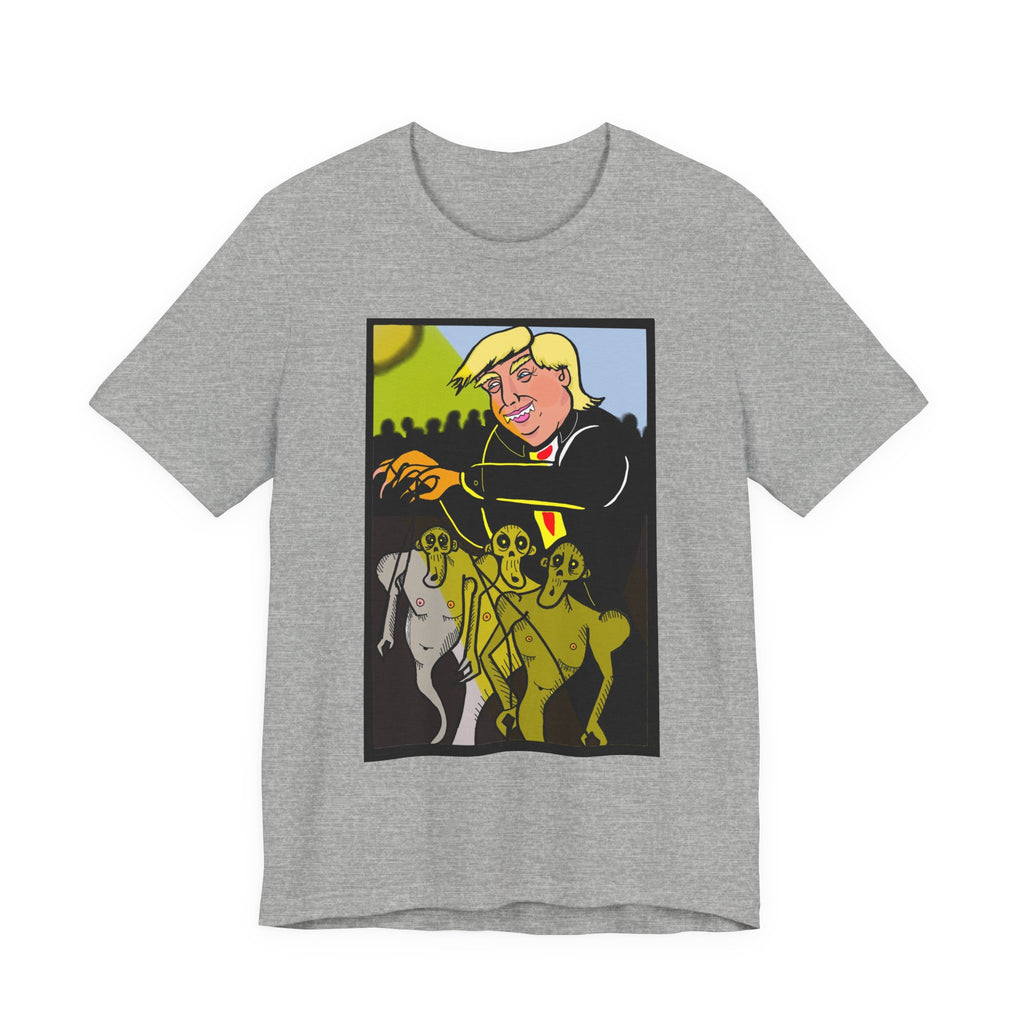Political Satire T‑Shirt — 'Wisdom Brings' Back Print with Puppetmaster Design