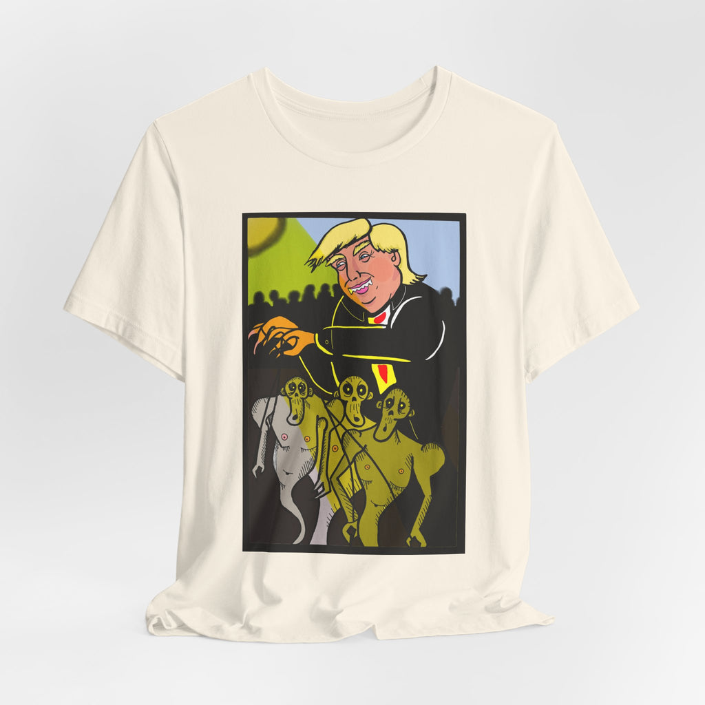 Political Satire T‑Shirt — 'Wisdom Brings' Back Print with Puppetmaster Design