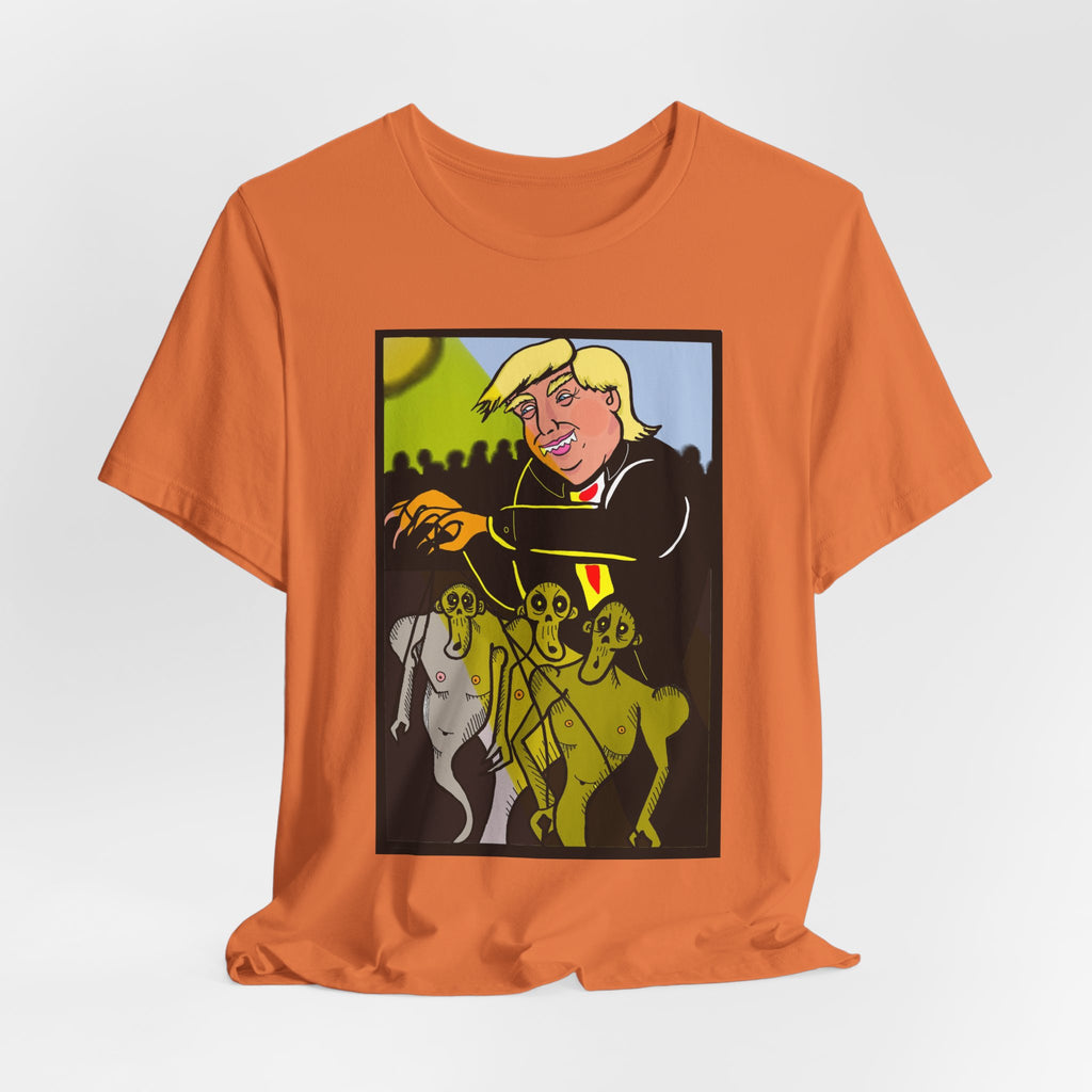 Political Satire T‑Shirt — 'Wisdom Brings' Back Print with Puppetmaster Design