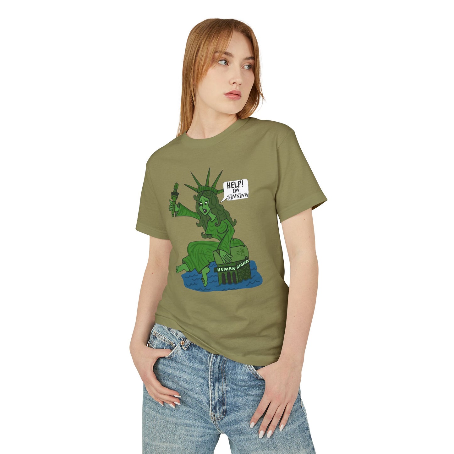 Statue of Liberty Sinking T-Shirt — "Help!  Tee with Earth Back Graphic