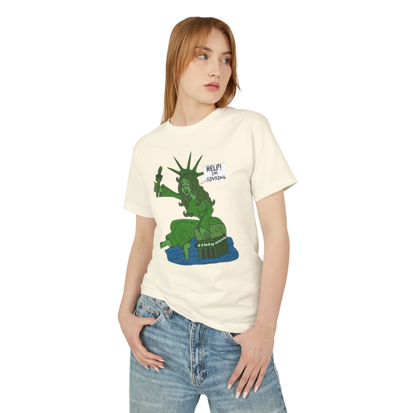 Statue of Liberty Sinking T-Shirt — "Help!  Tee with Earth Back Graphic