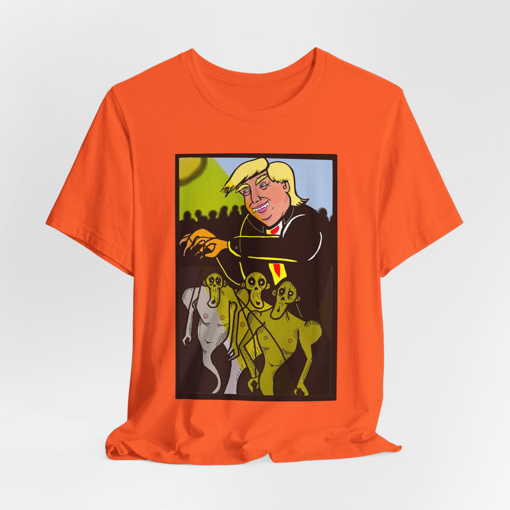 Political Satire T‑Shirt — 'Wisdom Brings' Back Print with Puppetmaster Design