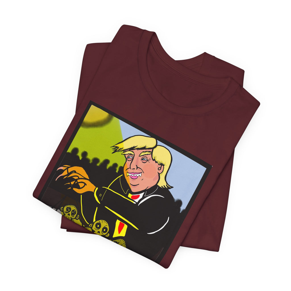 Political Satire T‑Shirt — 'Wisdom Brings' Back Print with Puppetmaster Design