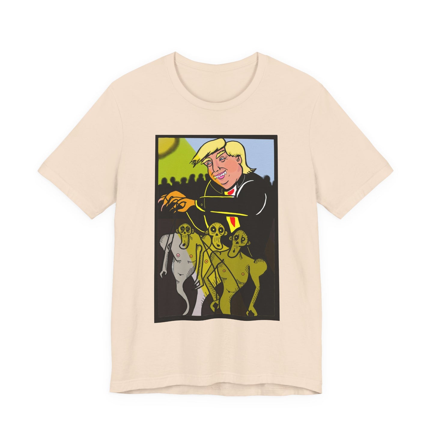 Political Satire T‑Shirt — 'Wisdom Brings' Back Print with Puppetmaster Design