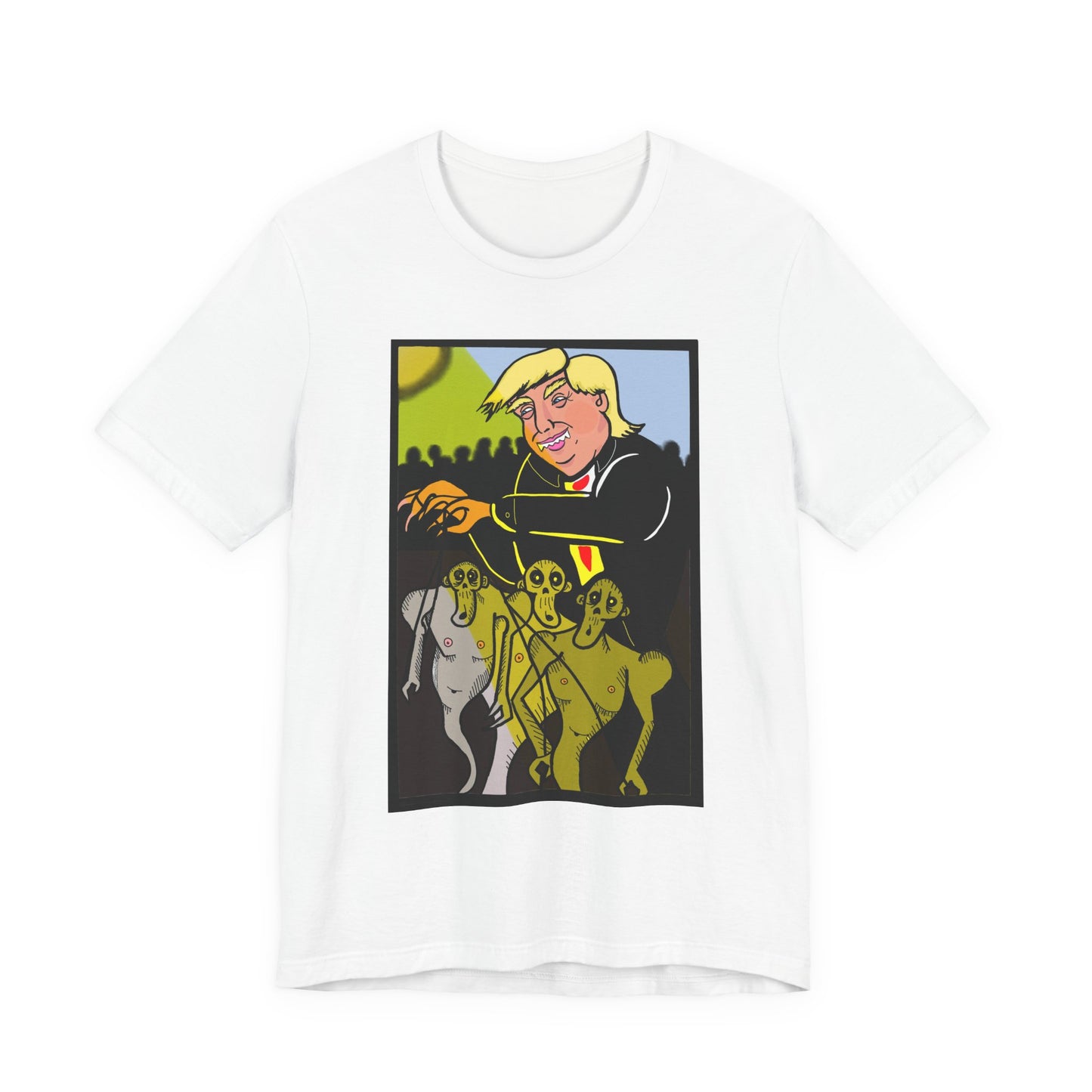 Political Satire T‑Shirt — 'Wisdom Brings' Back Print with Puppetmaster Design