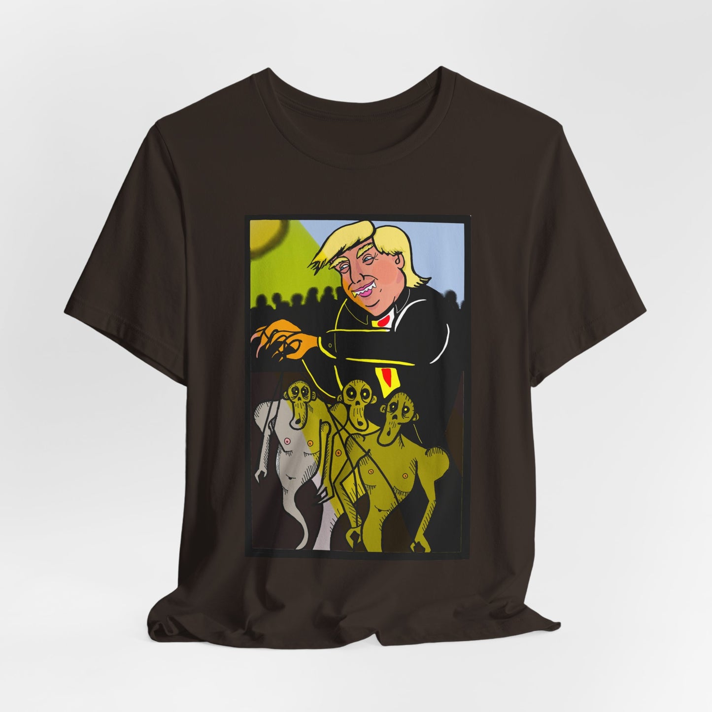 Political Satire T‑Shirt — 'Wisdom Brings' Back Print with Puppetmaster Design