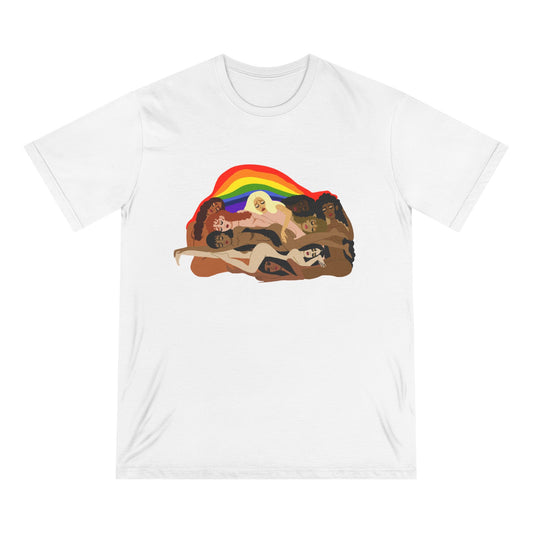 Organic Staple T-Shirt — Earth Love Graphic Tee with Rainbow & 'We're In It' Back Print