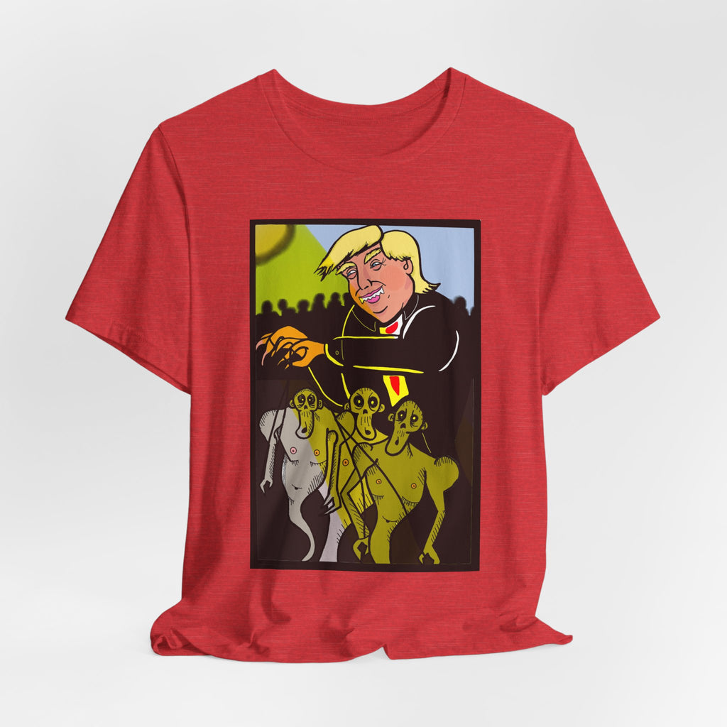 Political Satire T‑Shirt — 'Wisdom Brings' Back Print with Puppetmaster Design