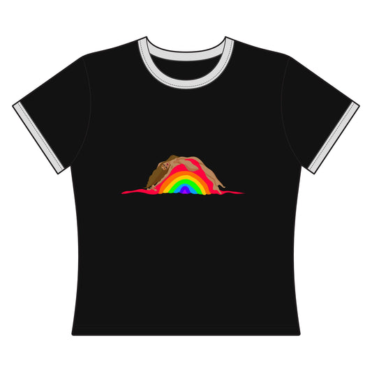 Women's Ringer Tee — Earth Lover Rainbow Graphic Tee ("Worn on Wings" Banner)