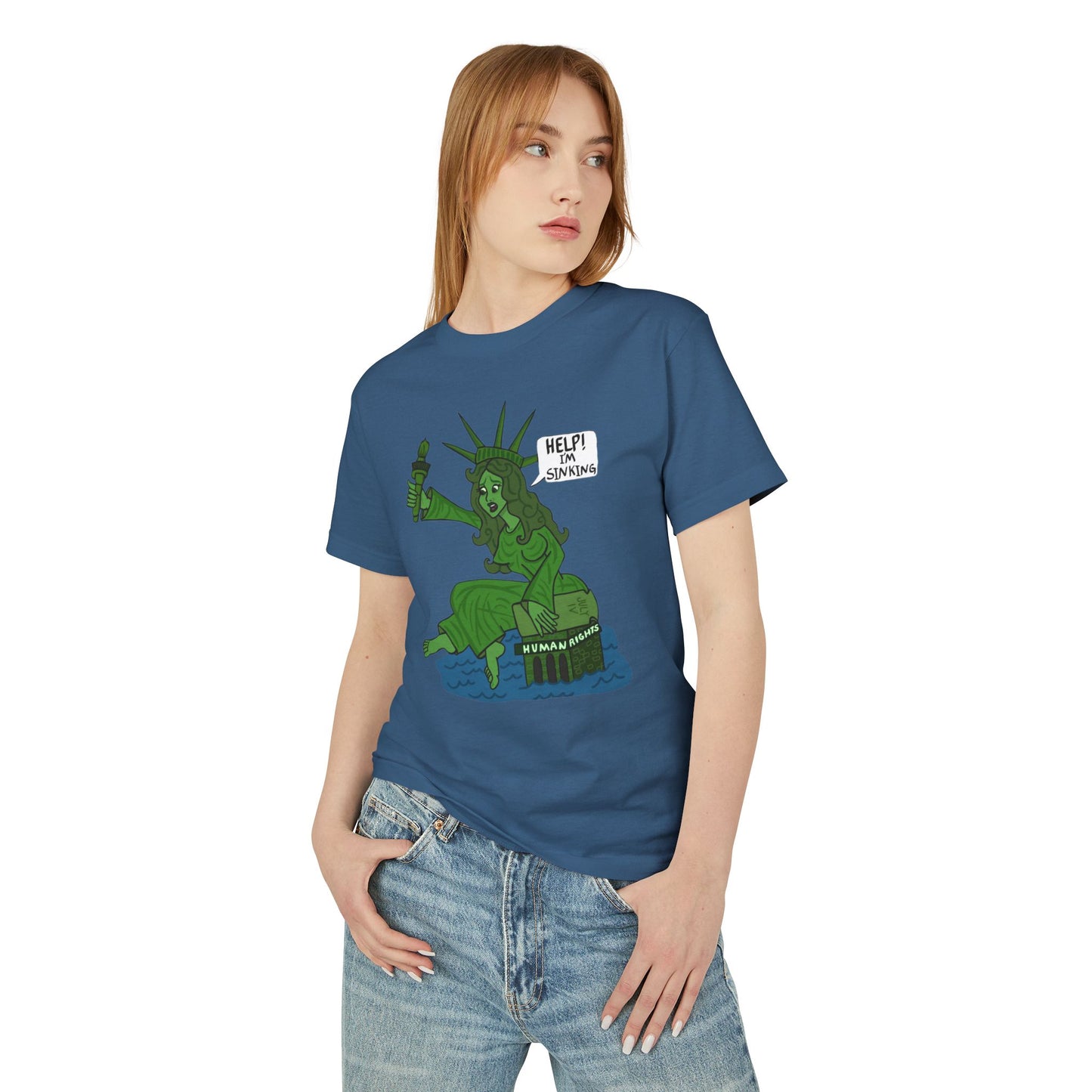 Statue of Liberty Sinking T-Shirt — "Help!  Tee with Earth Back Graphic