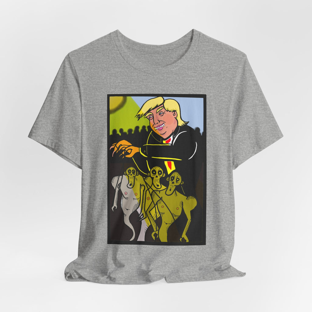 Political Satire T‑Shirt — 'Wisdom Brings' Back Print with Puppetmaster Design