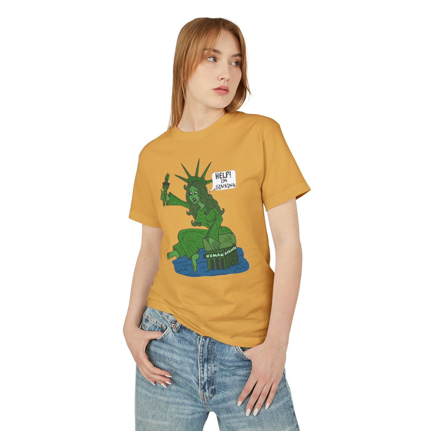 Statue of Liberty Sinking T-Shirt — "Help!  Tee with Earth Back Graphic