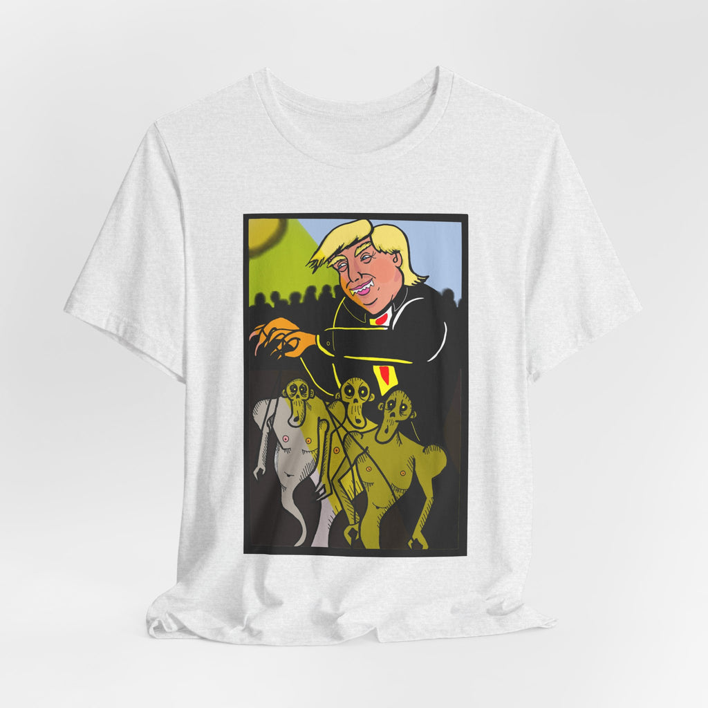 Political Satire T‑Shirt — 'Wisdom Brings' Back Print with Puppetmaster Design