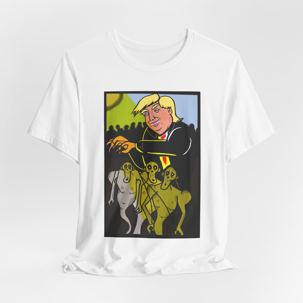 Political Satire T‑Shirt — 'Wisdom Brings' Back Print with Puppetmaster Design