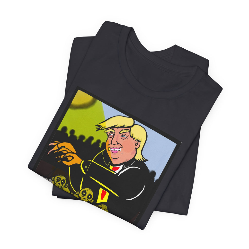 Political Satire T‑Shirt — 'Wisdom Brings' Back Print with Puppetmaster Design