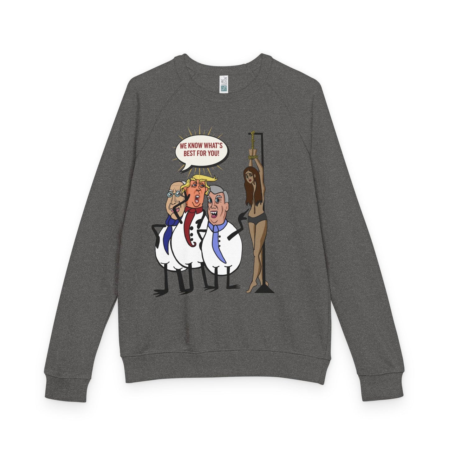 Political Satire Crewneck Sweatshirt — "We Know What’s Best For You" Cartoon