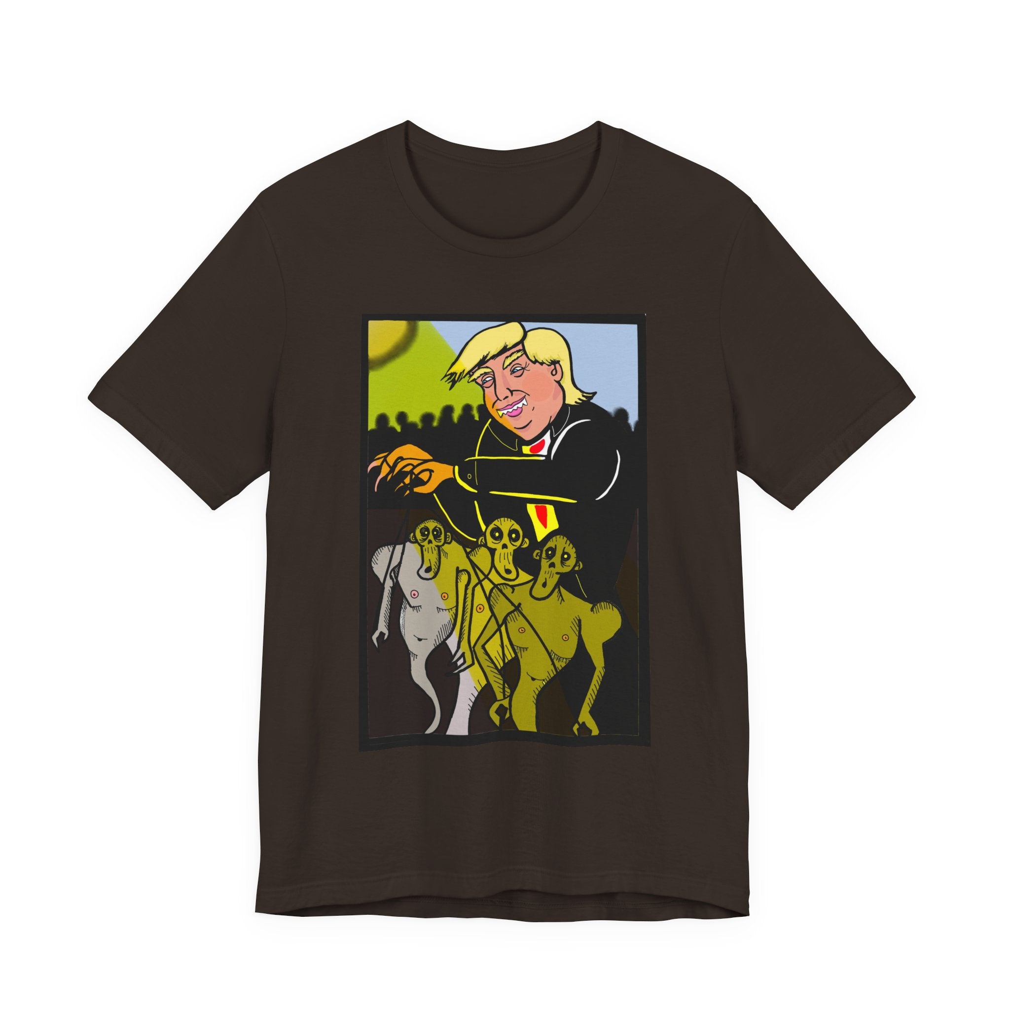 Political Satire T‑Shirt — 'Wisdom Brings' Back Print with Puppetmaster Design