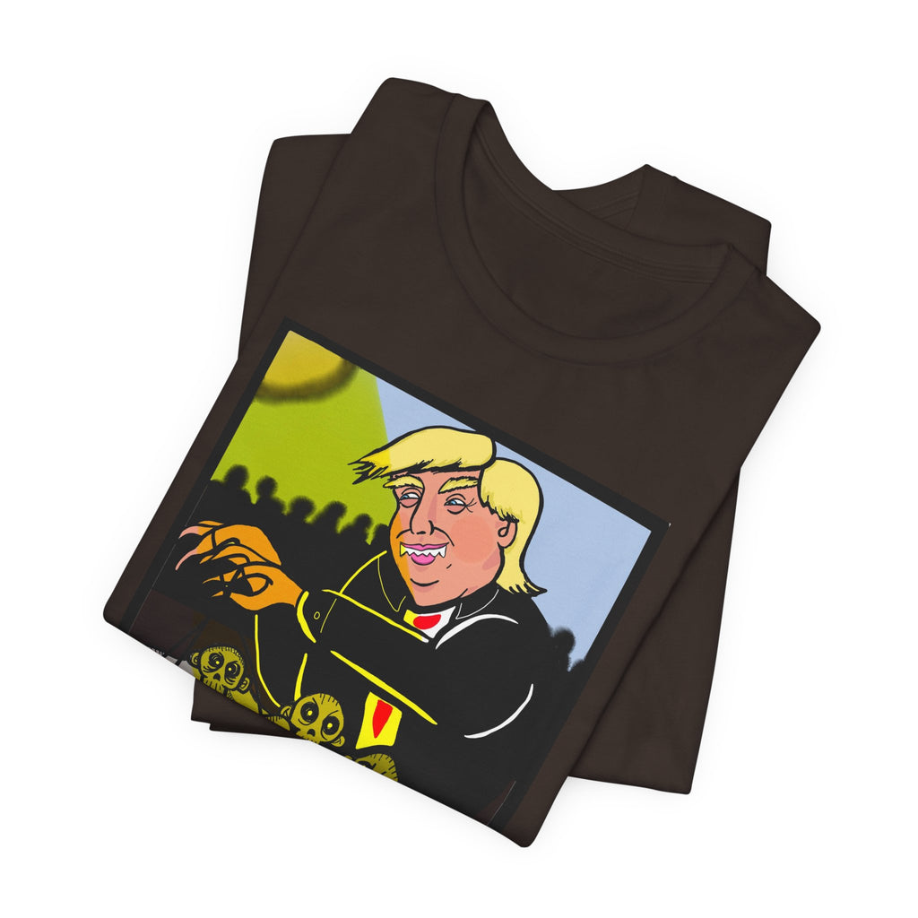 Political Satire T‑Shirt — 'Wisdom Brings' Back Print with Puppetmaster Design