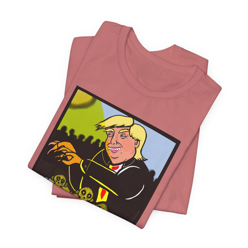 Political Satire T‑Shirt — 'Wisdom Brings' Back Print with Puppetmaster Design
