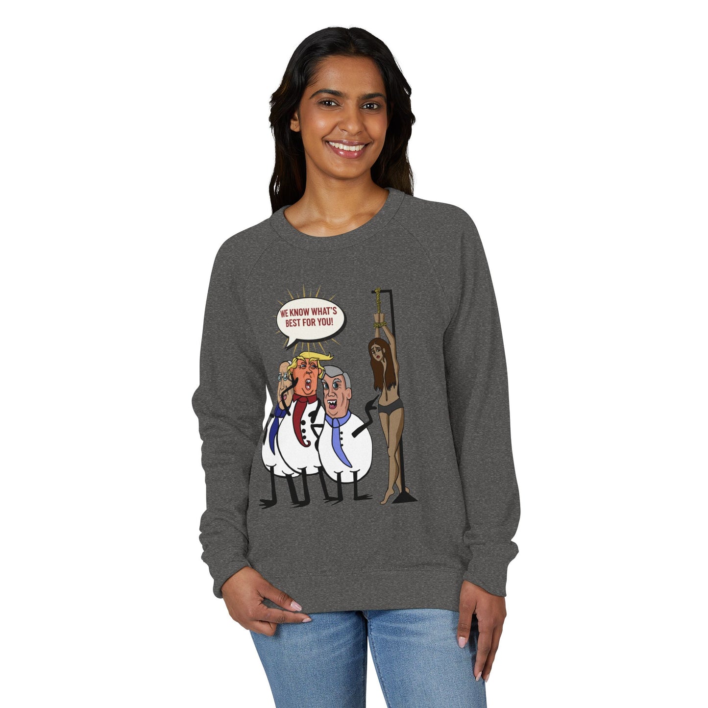 Political Satire Crewneck Sweatshirt — "We Know What’s Best For You" Cartoon