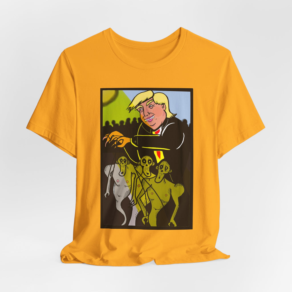 Political Satire T‑Shirt — 'Wisdom Brings' Back Print with Puppetmaster Design